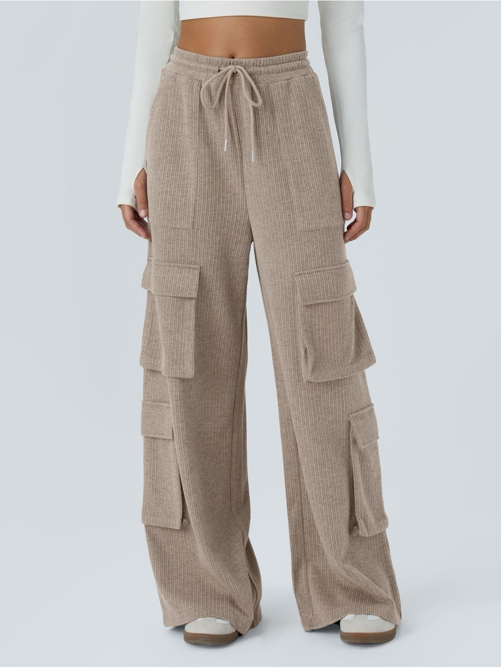 NWT Halara Ribbed Mid Rise Drawstring Pockets Wide Leg Cargo Casual Pants Size S